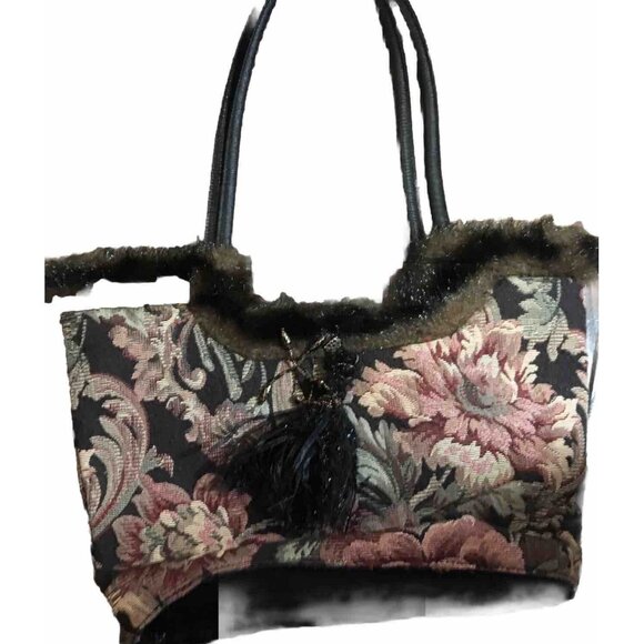 Bueno Tapestry Tote With Black Fuzzy Feather Trim Great For Stage Production - Picture 2 of 6